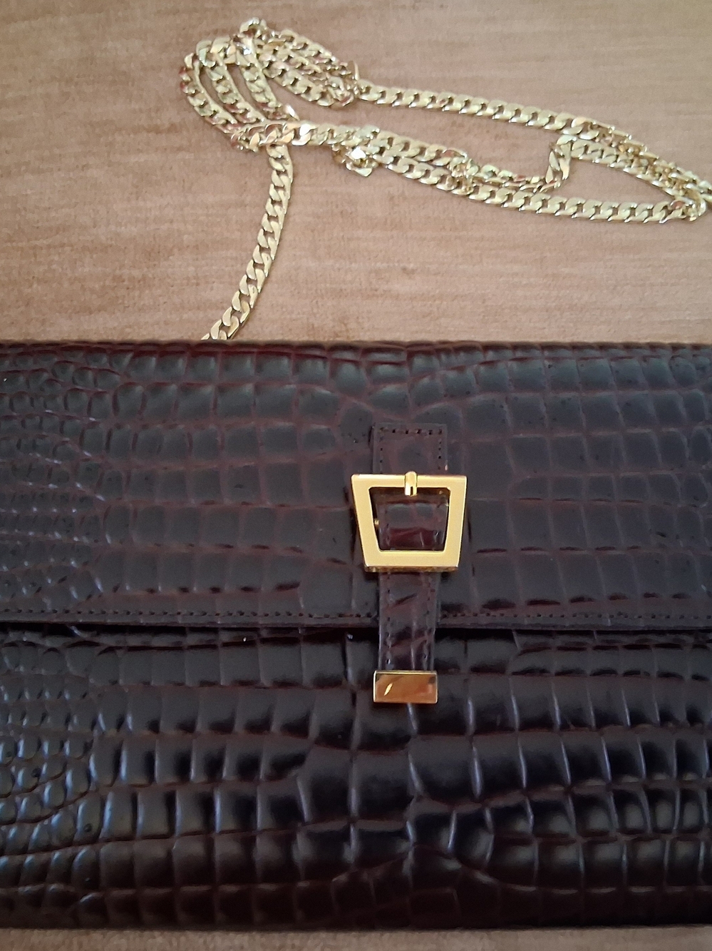 Etienne Aigner Dark Brown Croc-Embossed  Shoulder Bag